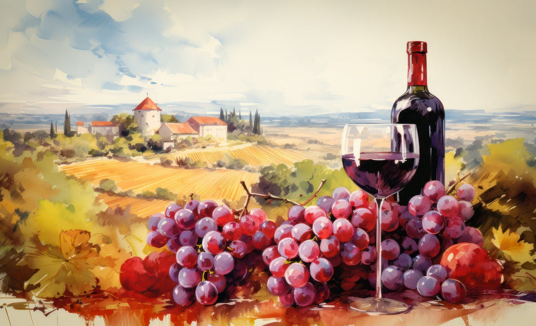 french vineyard scene with red grapes, wine bottle and glass – symbolising the resveratrol supplement and the French paradox