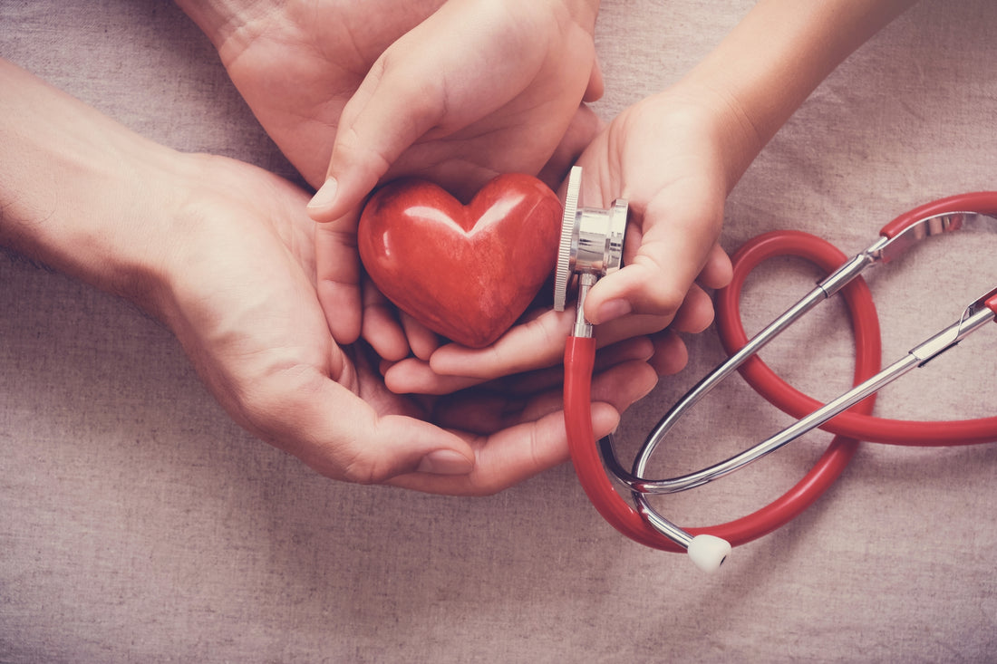 Ceramic heart held by a man and woman using a stethoscope, symbolising CoQ10's role in supporting heart health.