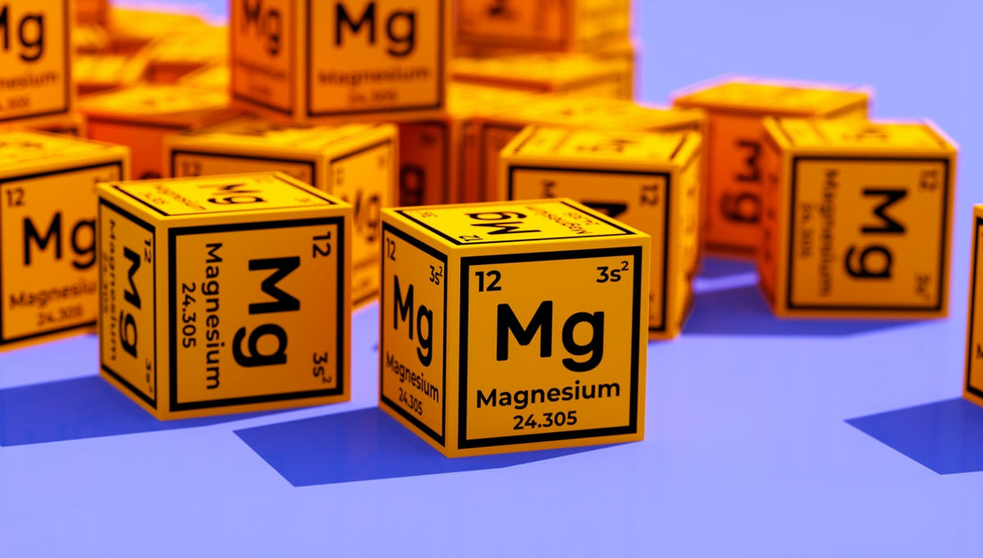 A 3D render of yellow cubes for the element Magnesium (Mg), illustrating the science-backed health benefits of magnesium supplements