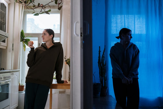 A split-screen image showing a woman in a bright kitchen in the morning and in a dark room at night, illustrating the decision of when is the best time to take magnesium