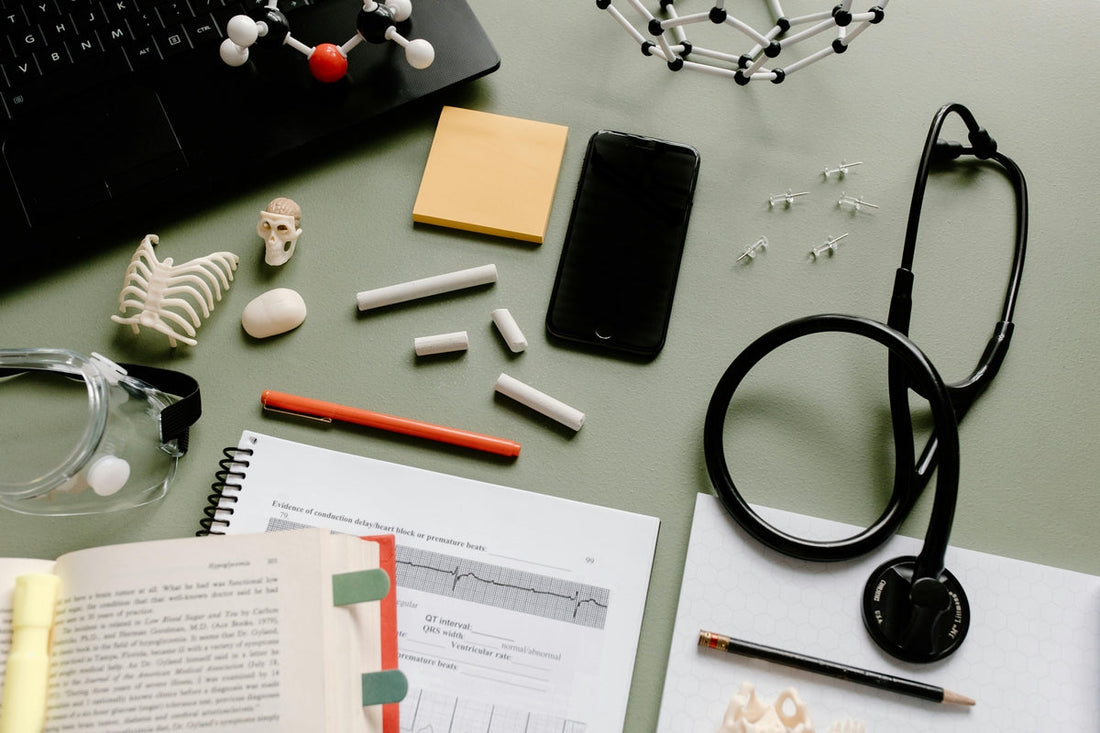 Medical study desk with anatomical models, ECG chart, stethoscope, and learning tools related to human health