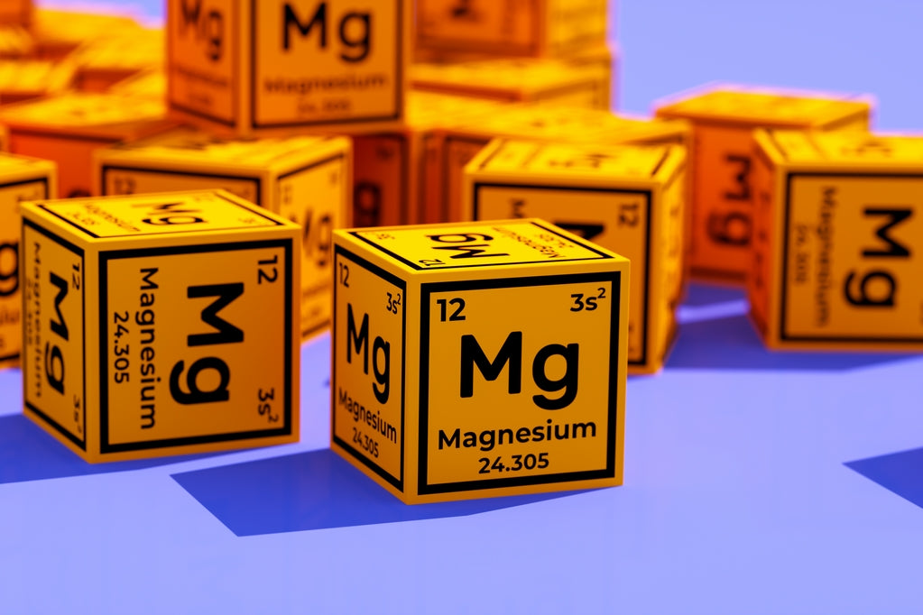 Yellow square blocks displaying 'Mg' Magnesium 24.305, representing magnesium's essential role in health and wellness.